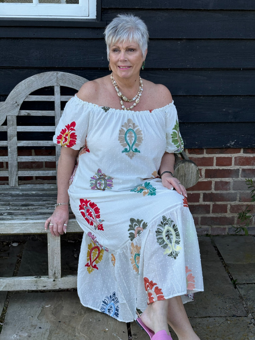 Embroidered Bardot Dress - Malissa J | White