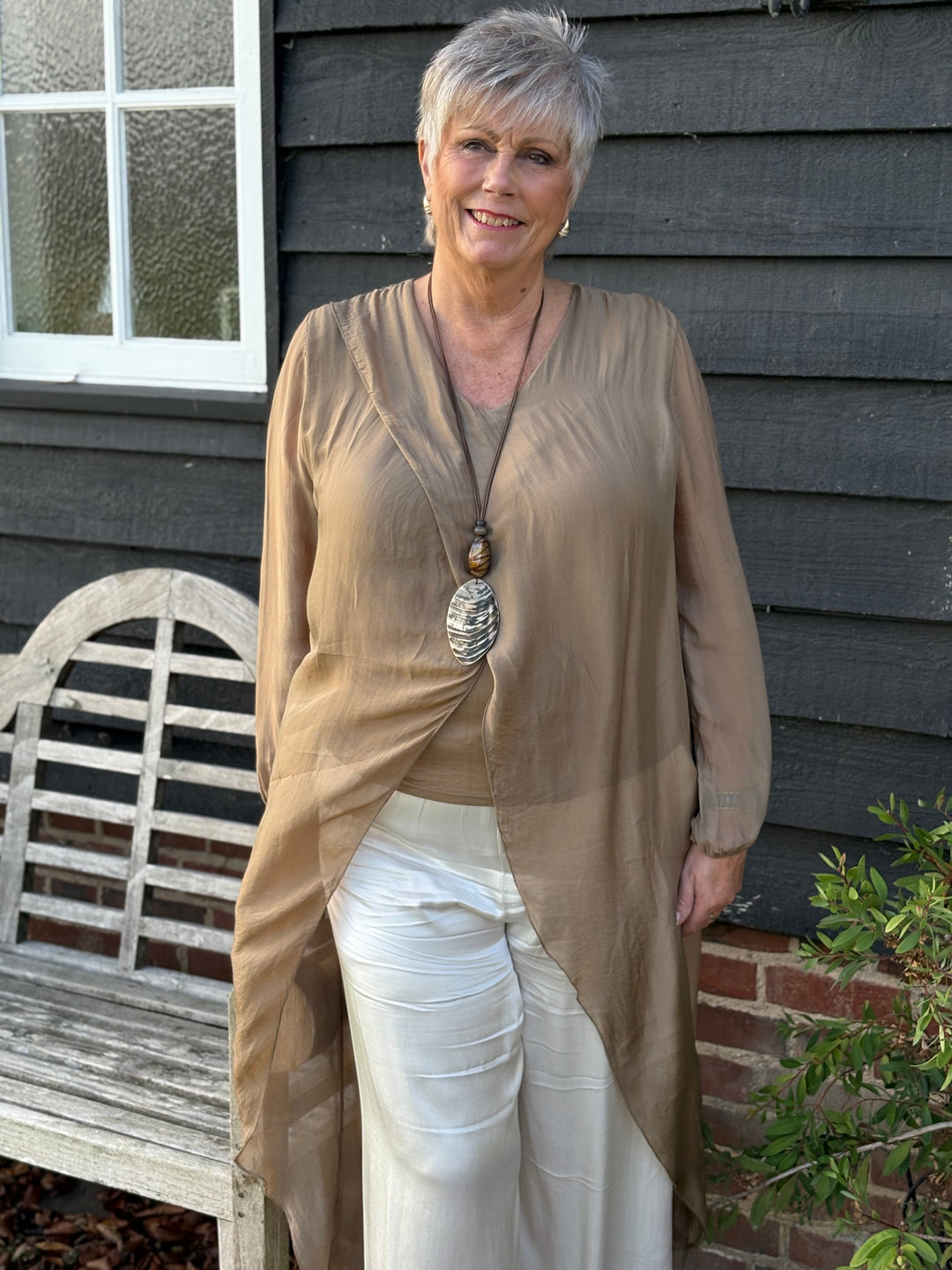 Silk Longline Cross Over Top | Caramel