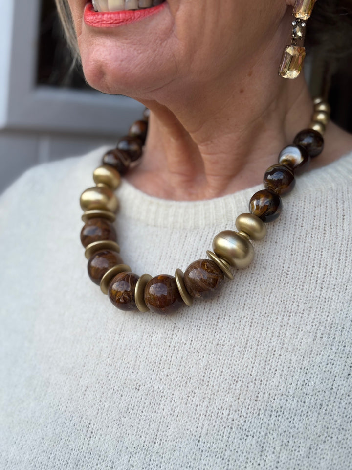 Chunky Marble Bead Necklace | Brown & Gold