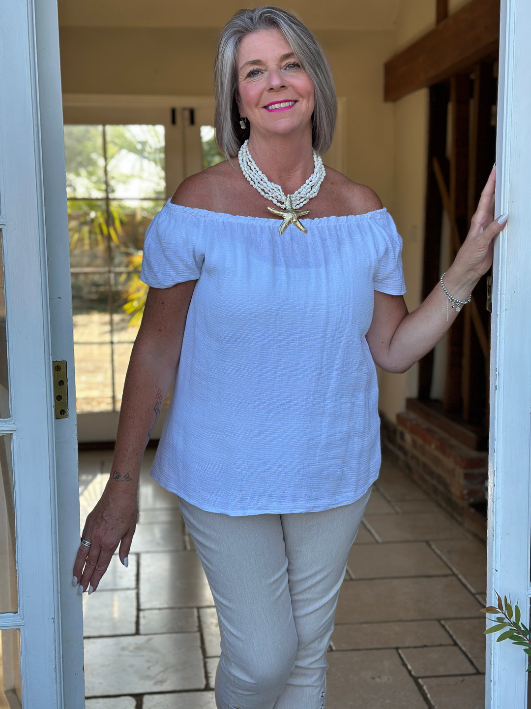 Cotton Linen Bardot Top | White