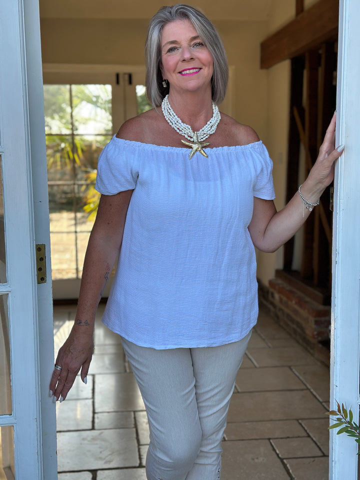 Cotton Linen Bardot Top | White