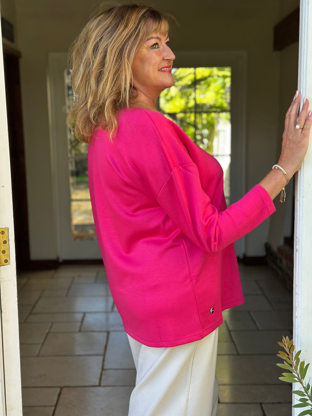 Relaxed V-Neck Long Sleeve Top - Malissa J | Fuchsia