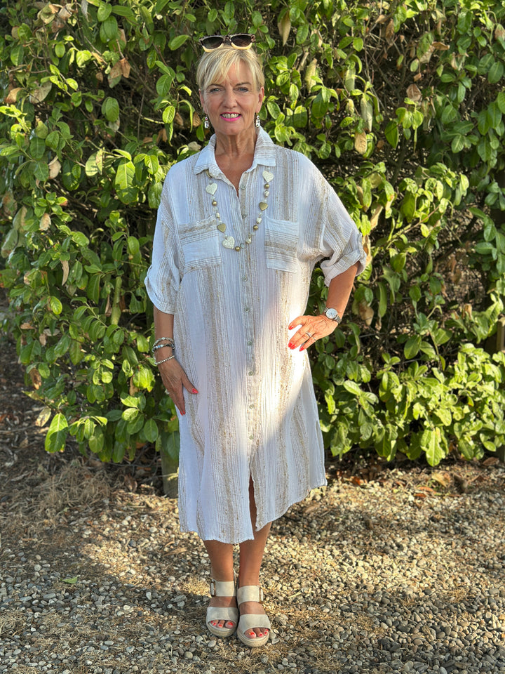 Metallic Stripe Shirt Dress | White