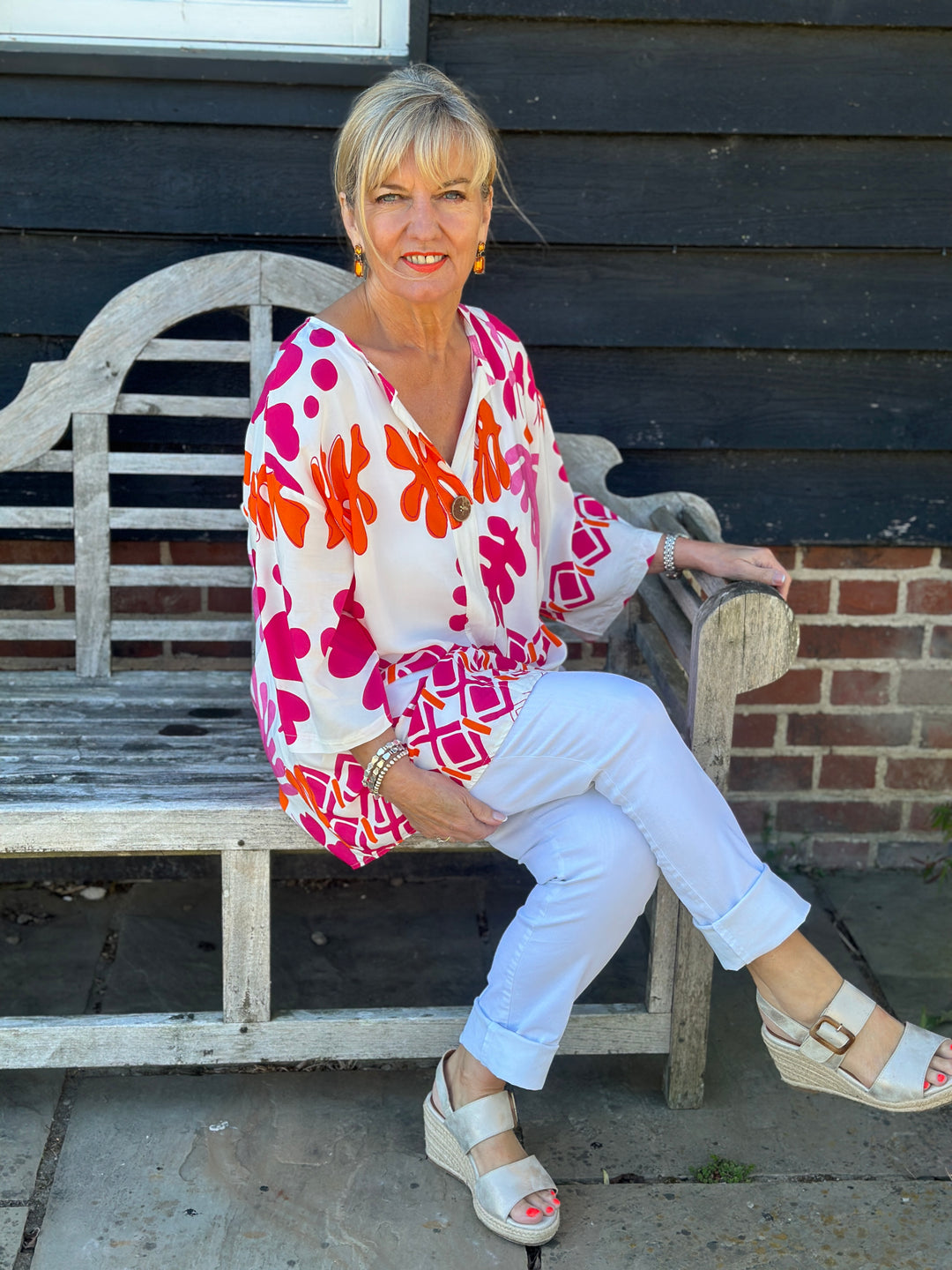 One Button Tunic Top Abstract Print | Fuchsia
