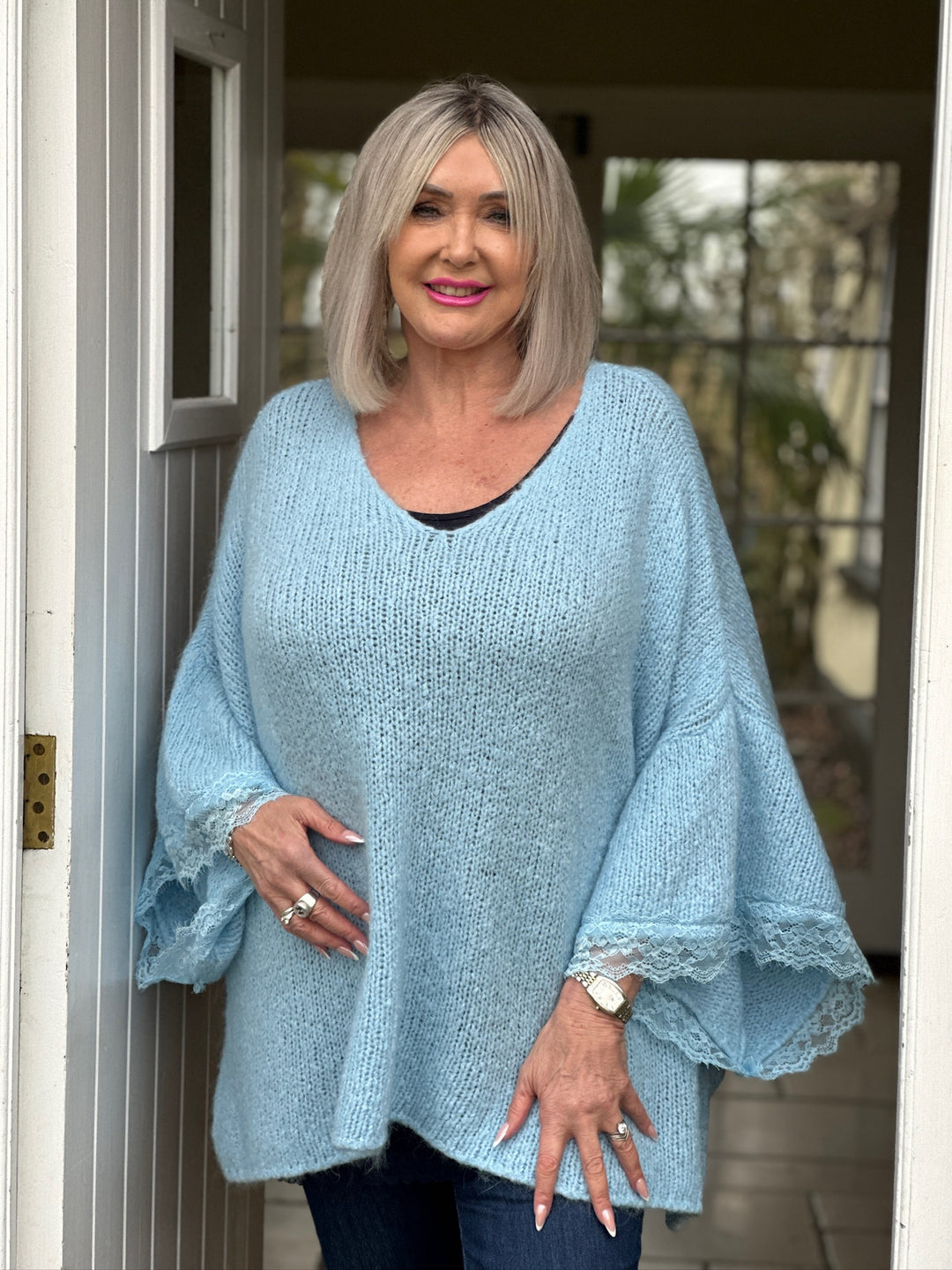 Lace Sleeve Knit Jumper | Baby Blue