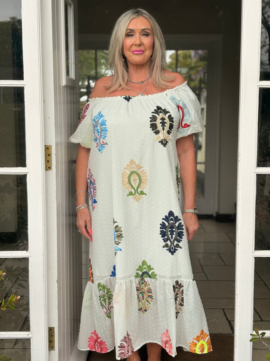 Embroidered Bardot Dress - Malissa J | White