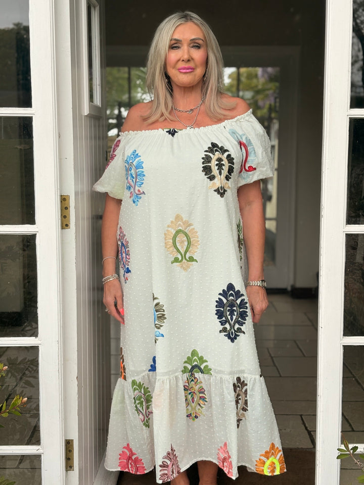 Embroidered Bardot Dress - Malissa J | White