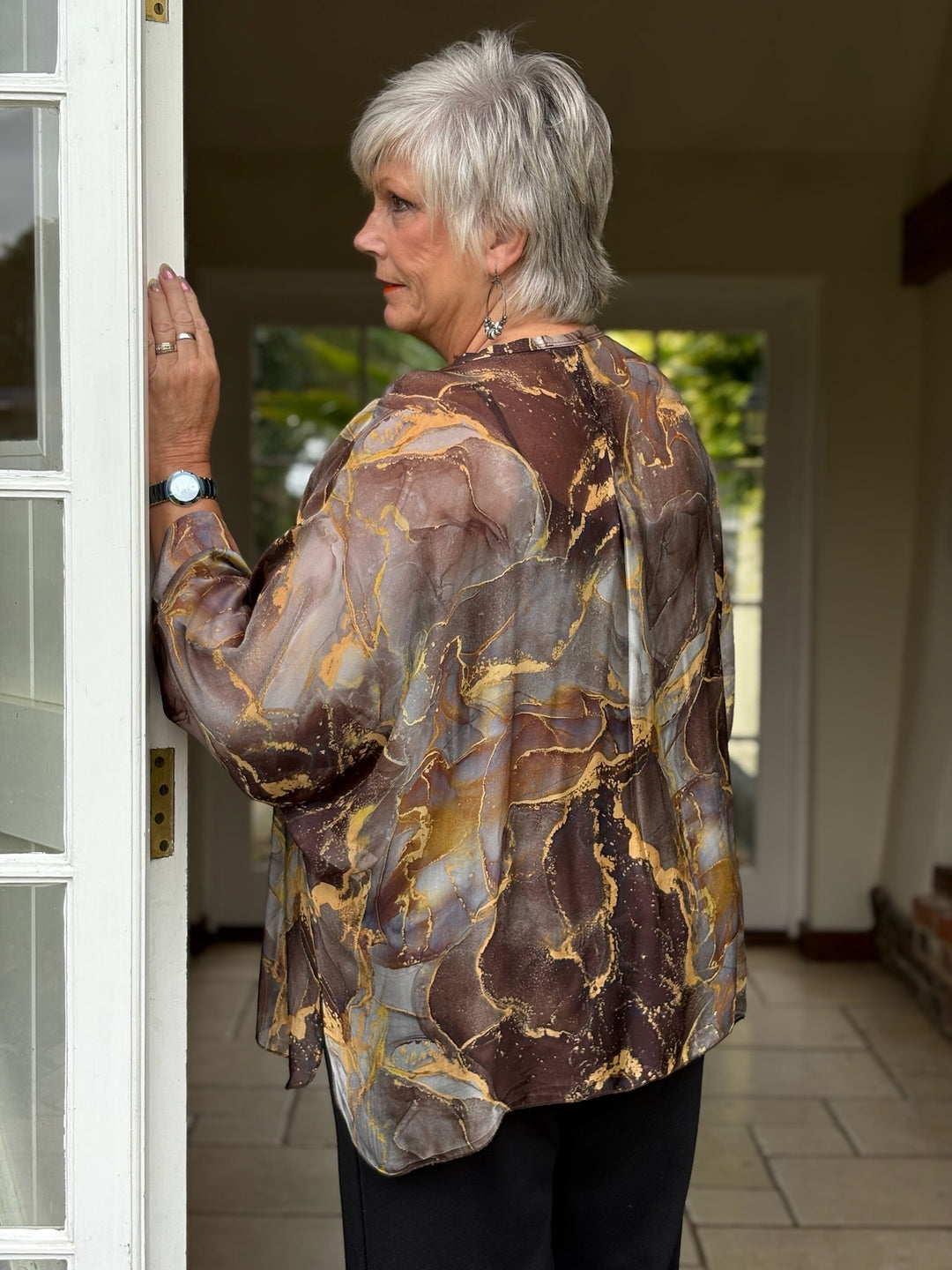 Naomi Marble Silk Blouse | Brown