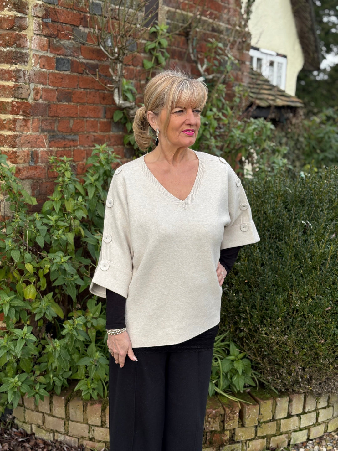 Elbow Length Button Detail V Neck Jumper Malissa J | Oyster - Mandy's Heaven 