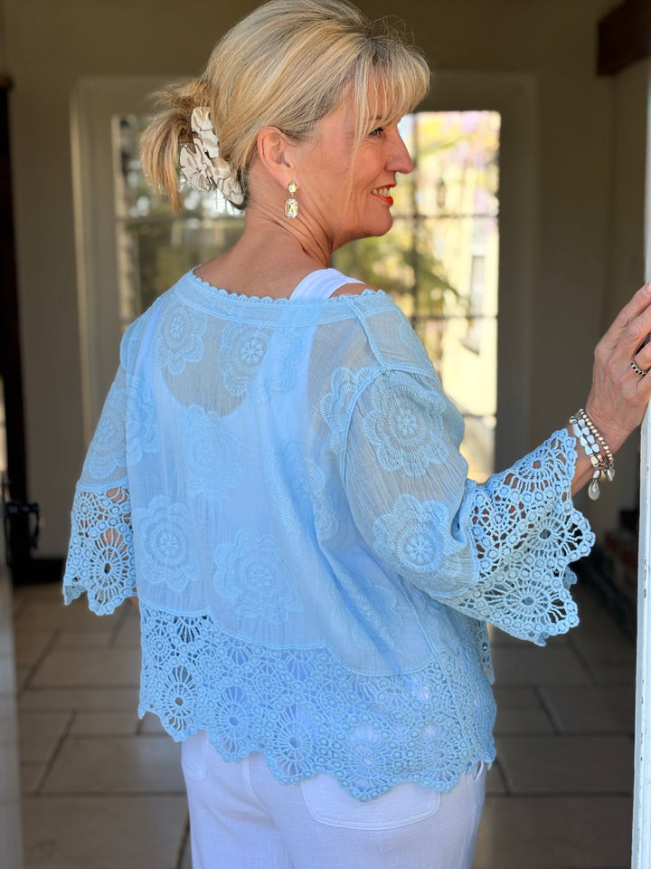 Crochet Floral Cardigan | Sky Blue