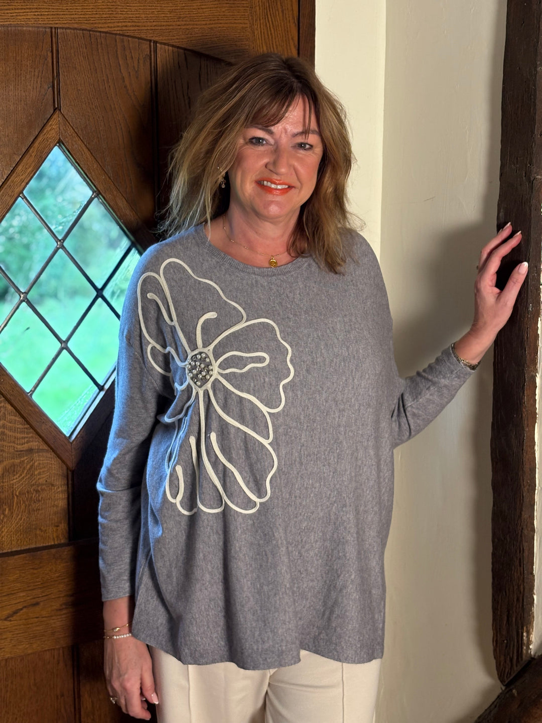 Large Flower Knit Top With Beads | Grey