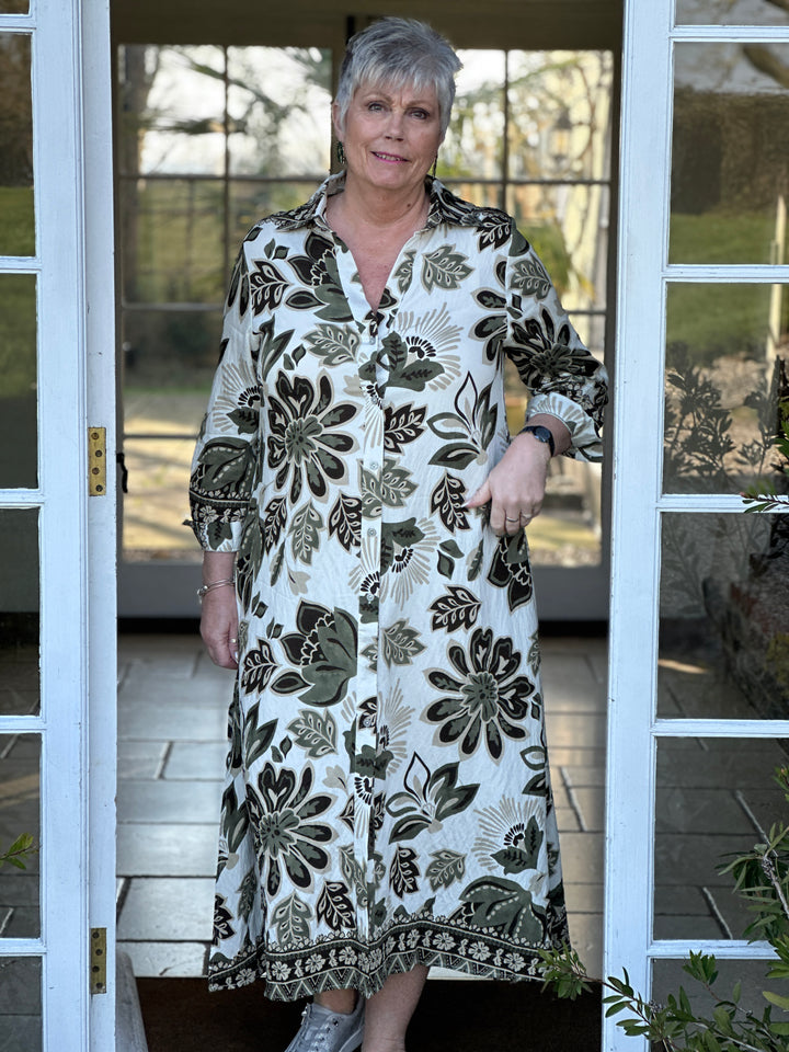 Botanical Print Longline Shirt Dress - Malissa J | Khaki
