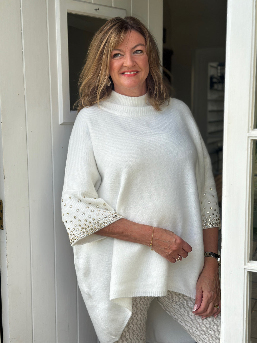 Diamante Sleeve Chunky Knit  | Ivory