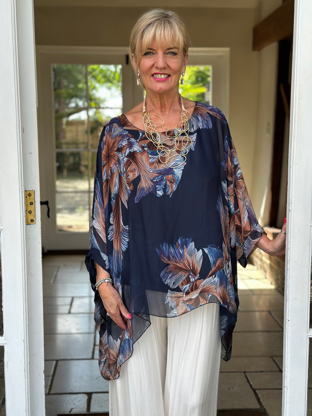 Mia Floral Silk Blouse | Navy