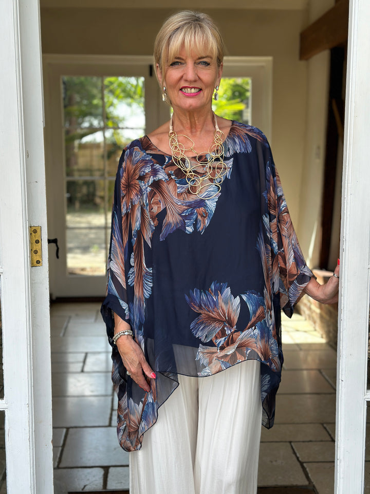Mia Floral Silk Blouse | Navy