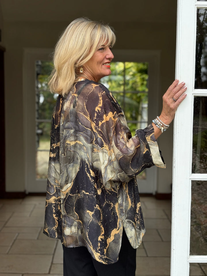 Naomi Marble Silk Blouse | Black
