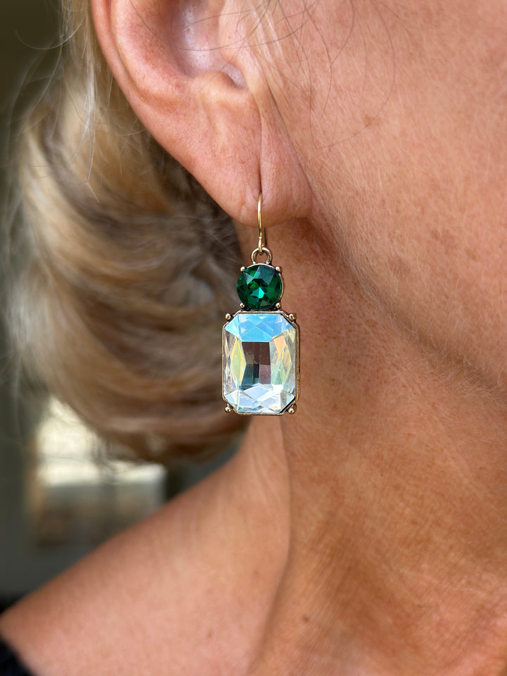 Hook Twin Gem Earrings | Clear & Emerald Green