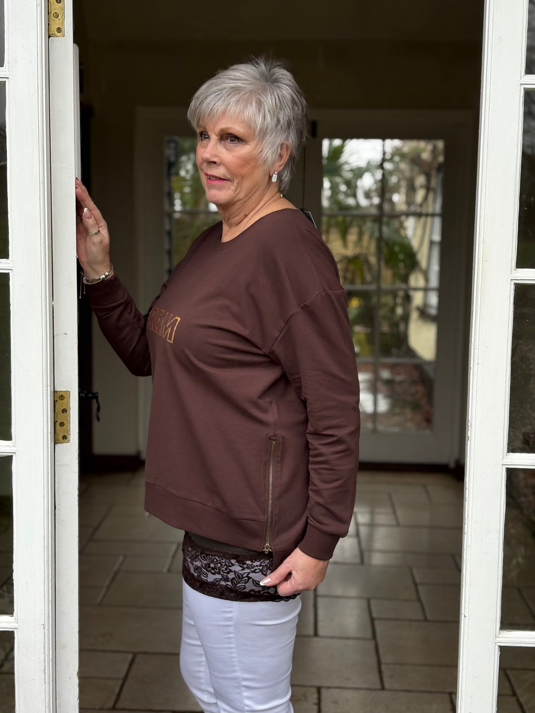 Sequin ‘DREAM' Slogan Sweatshirt | Chocolate Brown