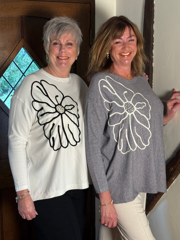 Large Flower Knit Top With Beads | Grey