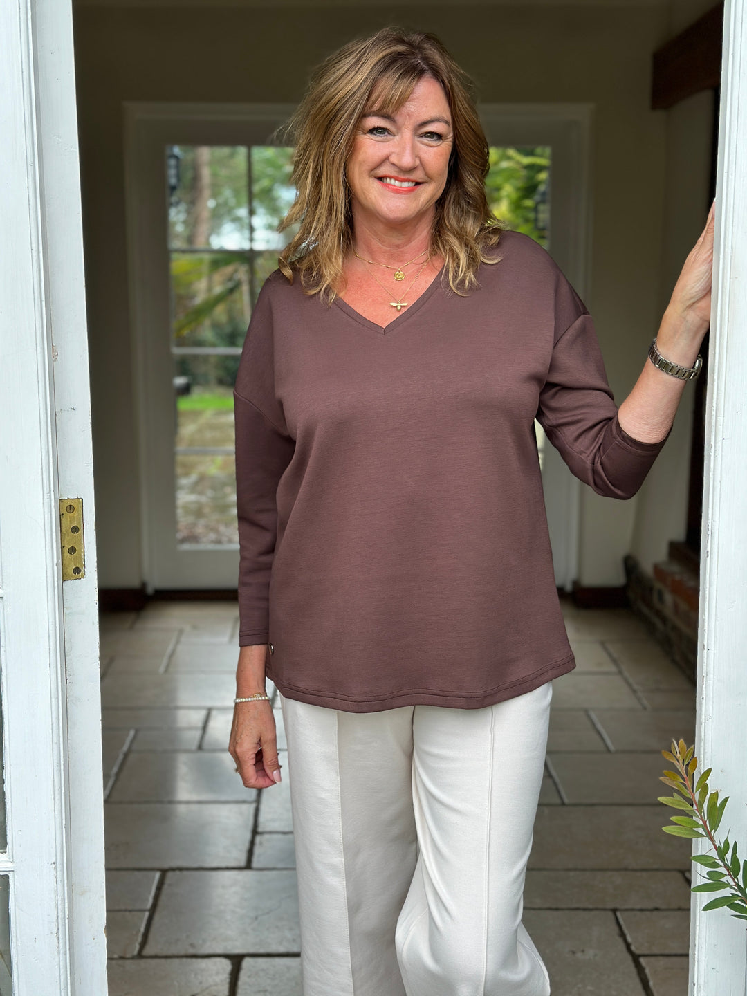 Relaxed V-Neck Long Sleeve Top - Malissa J | Chocolate Brown