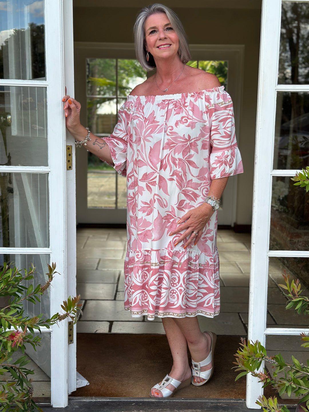 Bardot Swirl & Leaf Print Dress | Dusky Pink