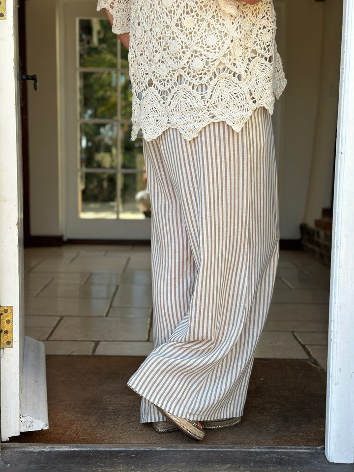 Wide Leg Linen Stripe Trouser | Beige