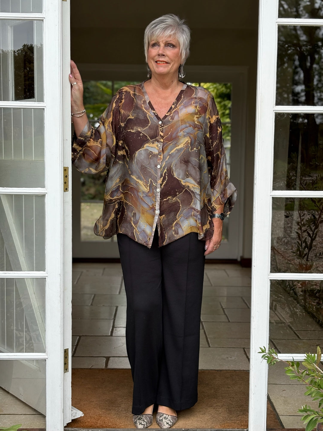 Naomi Marble Silk Blouse | Brown