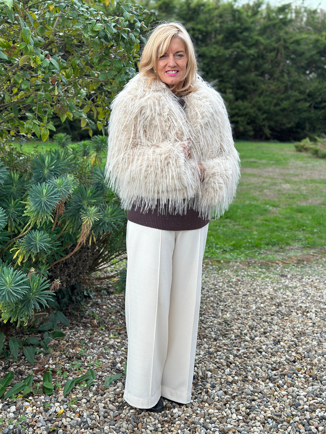 Long-Pile Faux Fur Jacket | Beige