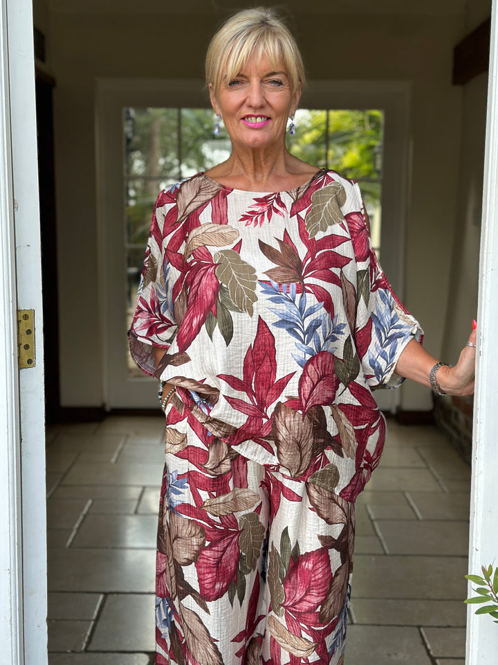 Leaf Print Cold-Shoulder Set | Burgundy