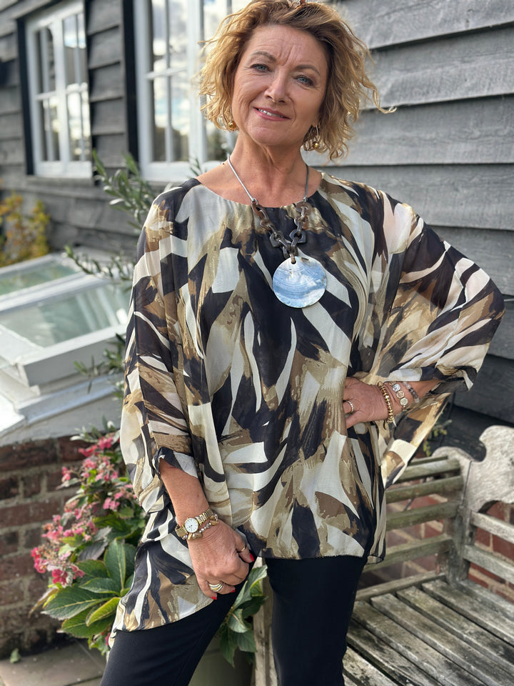 Mia Brushstroke Silk Blouse | Black