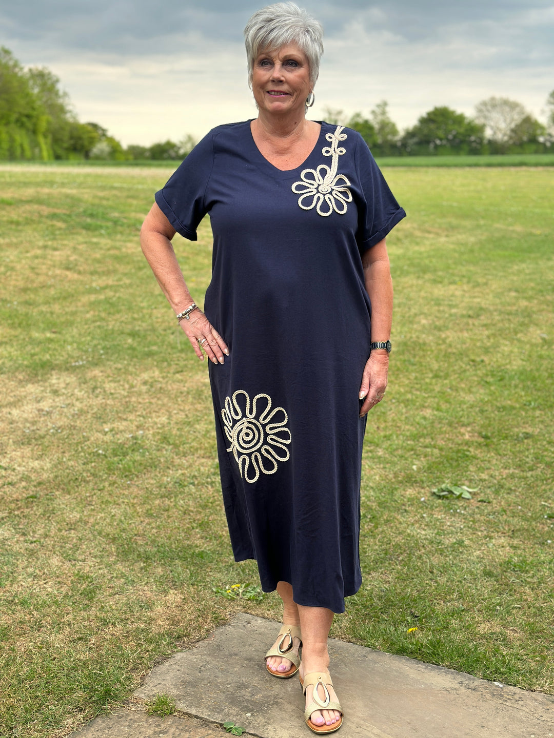 Embroidered Flower Print Tunic Dress | Navy