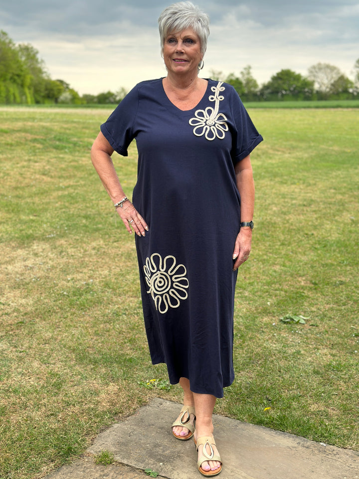 Embroidered Flower Print Tunic Dress | Navy