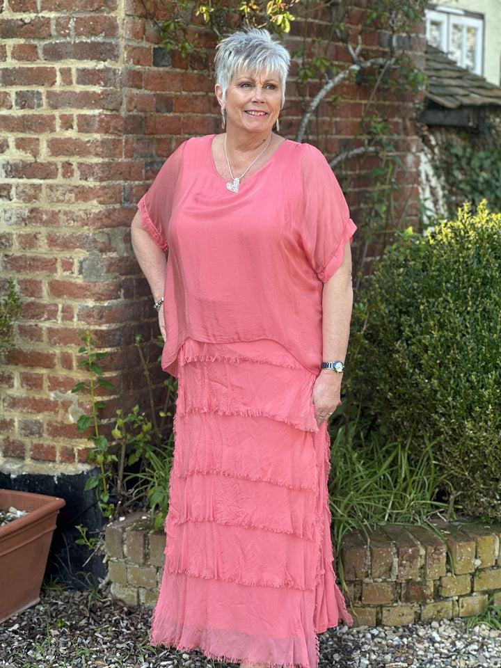 Silk Tiered Ruffle Dress | Coral