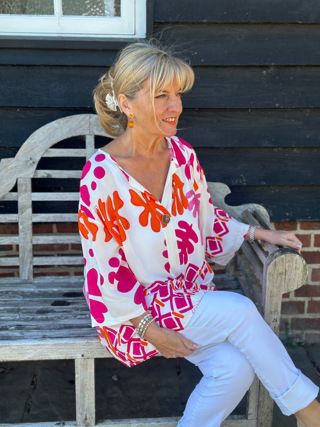 One Button Tunic Top Abstract Print | Fuchsia