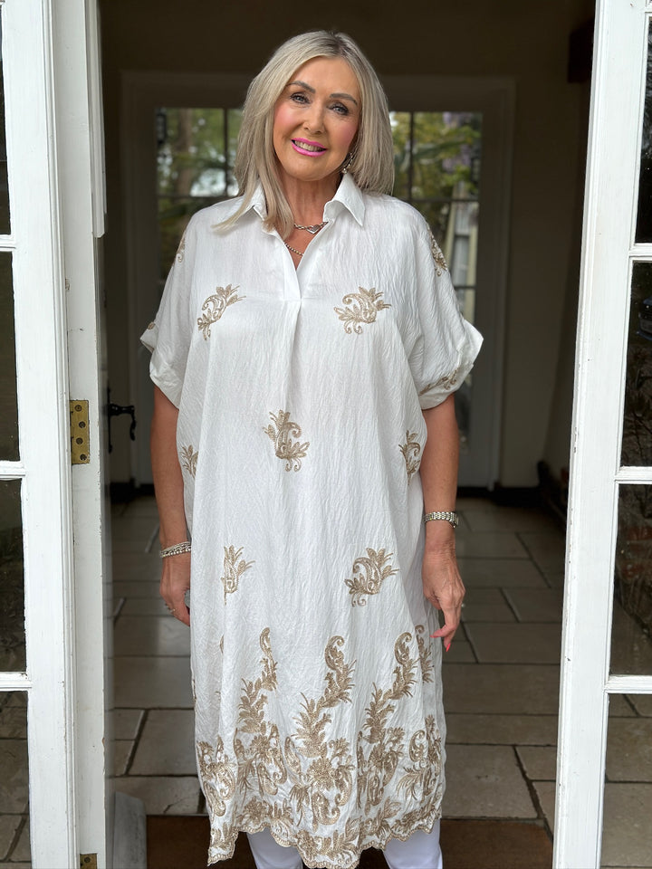 Swirl Glitz Leaf Embroidered Tunic Dress | White