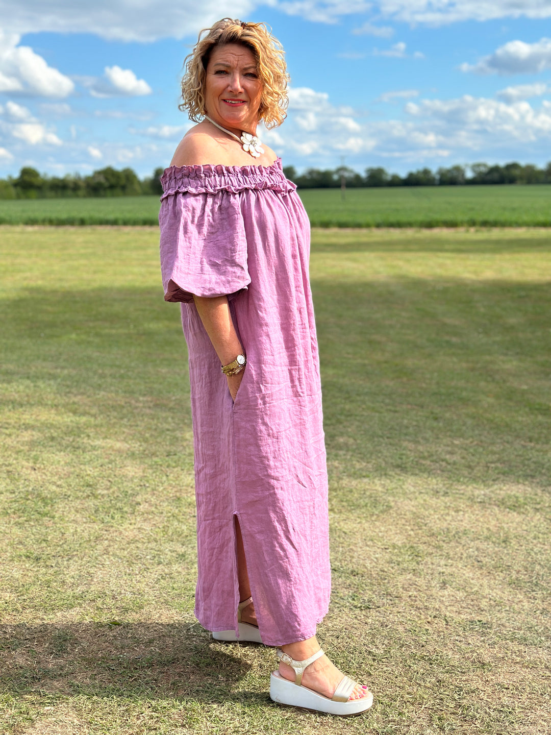 Ruffle Bardot Linen Dress | Plum