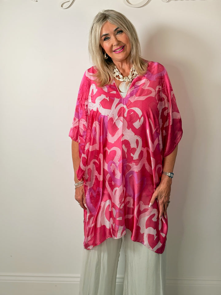 Silk-Blend Love Heart Print Kaftan | Fuchsia