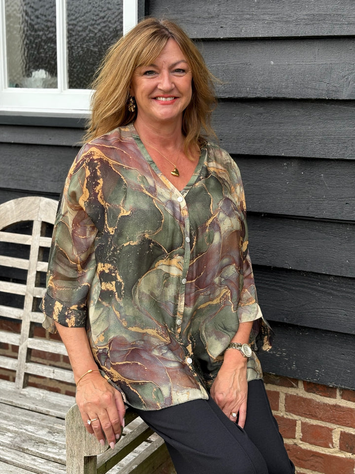 Naomi Marble Silk Blouse | Green