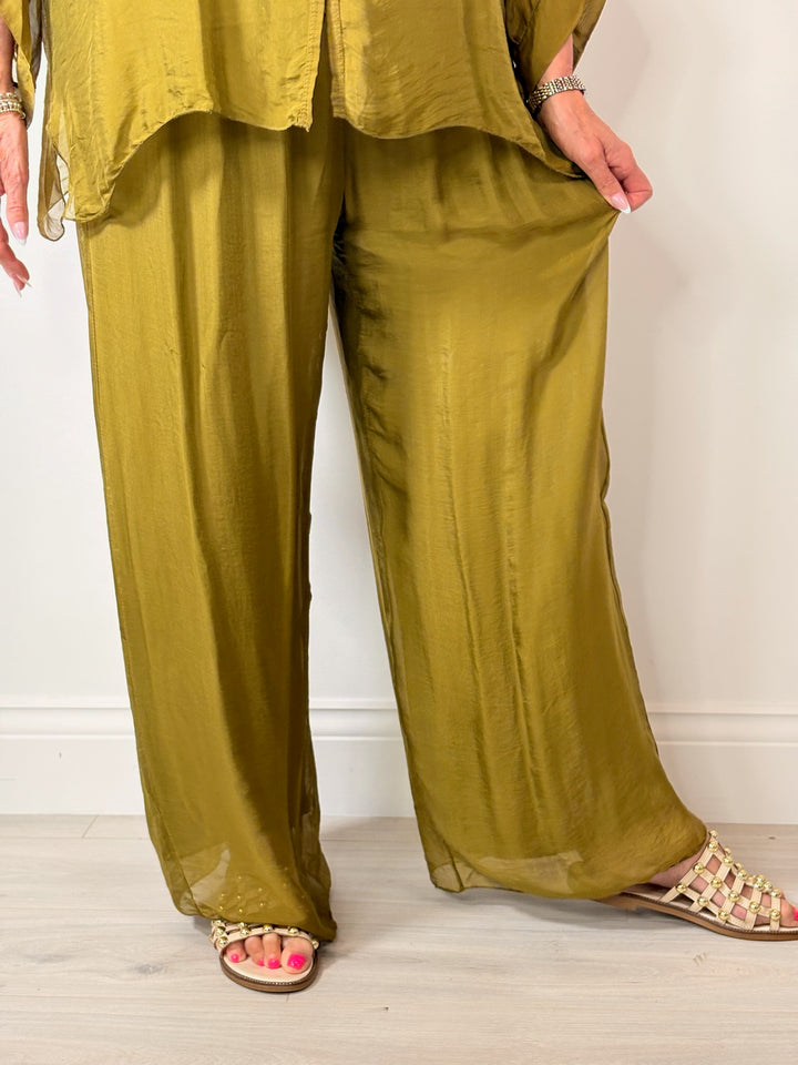 Silk Floaty Trousers | Olive