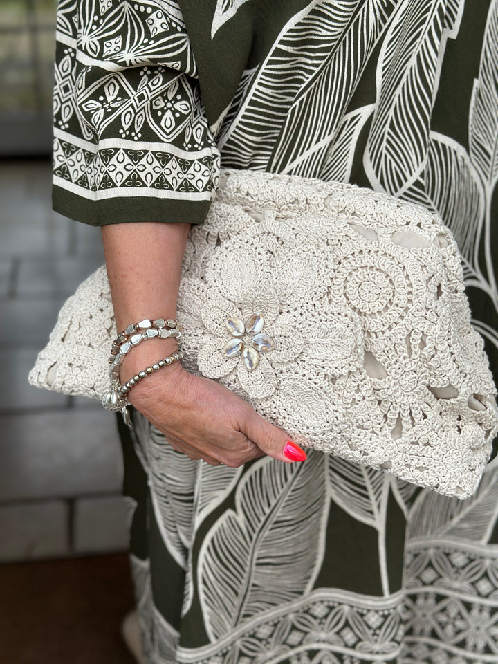 Crochet Floral Clutch Bag | Natural