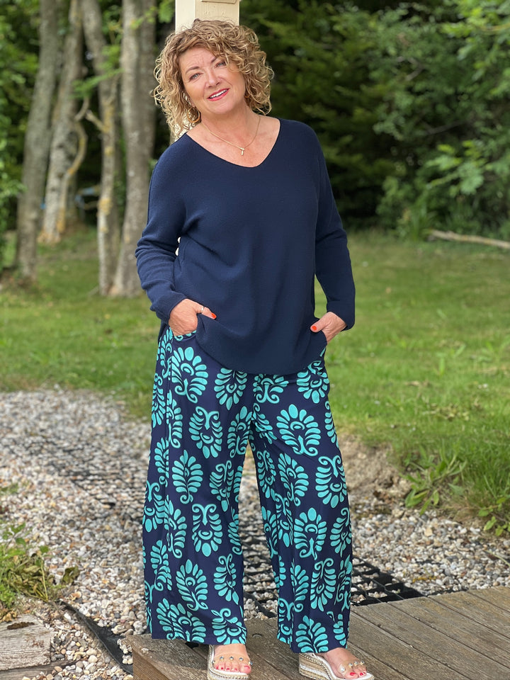 Wide Leg Printed Trousers | Turquoise Leaf