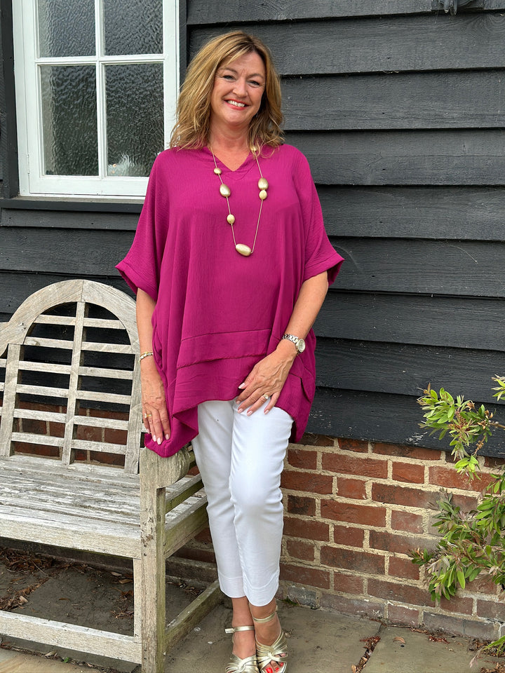 Double Hem V-Neck Batwing Blouse | Magenta