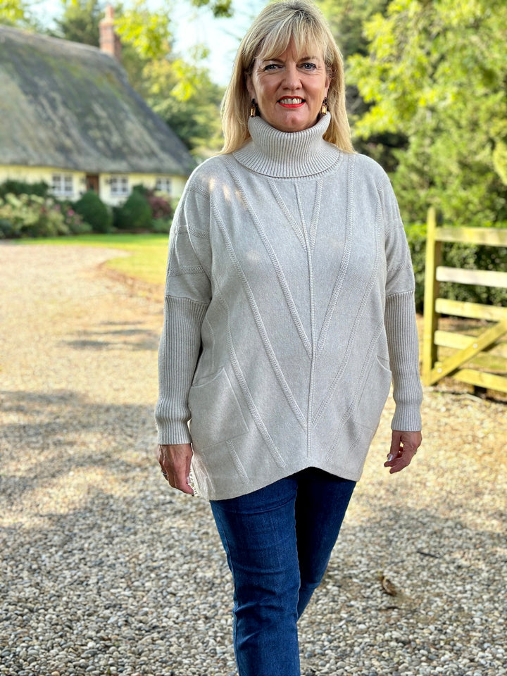 Cable Knit Roll Neck Jumper | Light Taupe