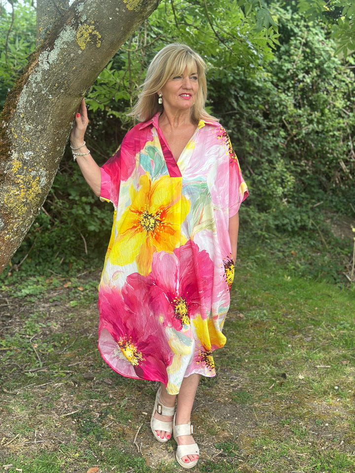 Watercolour Floral Sun Dress | Fuchsia