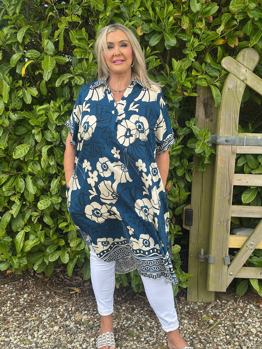 Garden Print Tunic Collar Dress | Teal