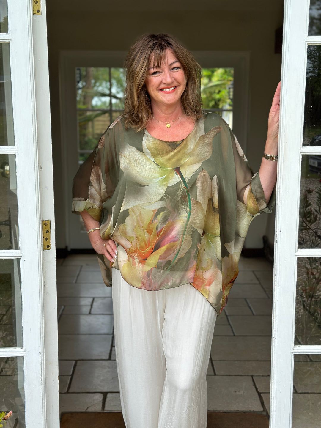 Botanical Mia Silk Blouse | Khaki