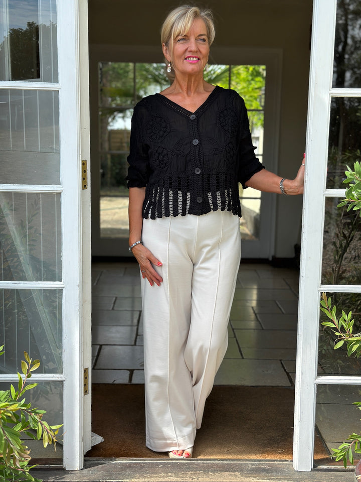 Button Front Crochet Top | Black