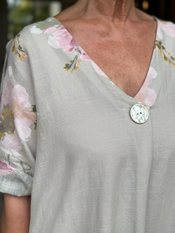 Linen Blend Floral Dress | Light Taupe