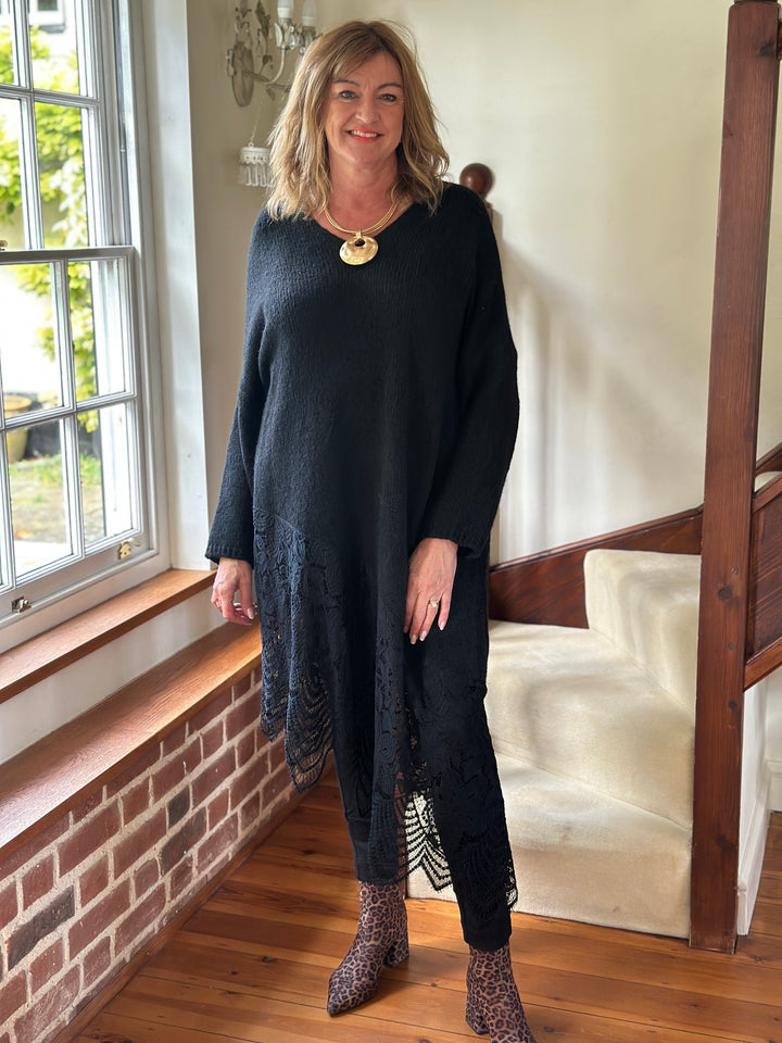 Lace Hem Knitted Jumper Dress | Black