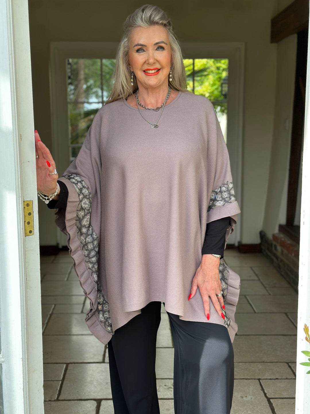 Sparkle Trim Poncho with Scarf - Malissa J | Taupe